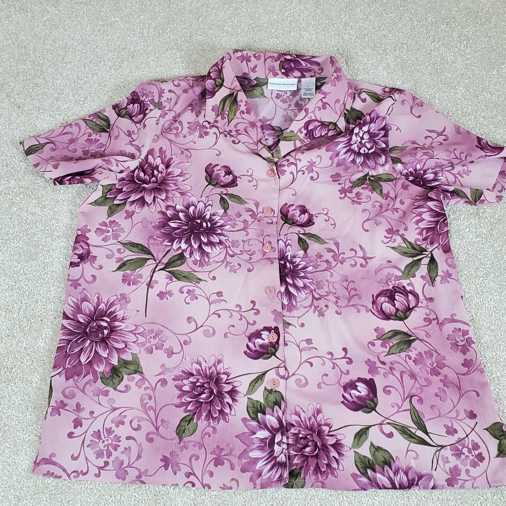 Alfred Dunner Women's Shirt Size 14 Purple Floral Button Up Side Slits @ Bottom